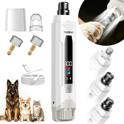 TIKOCAT Whisper Quiet Dog Nail Grinder Kit, 50% More Power 6-Speed with LED Display & 4 LED Lights, Three Grinding Bits, Stress-Free Painless Grooming for Dogs, Cats, Sensitive Pets & All Breeds White