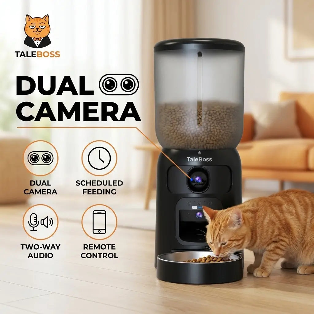 5L Wifi Automatic Cat Feeder with Dual Cameras, Timed Dry Food Dispenser,l & Stainless Steel Bowl