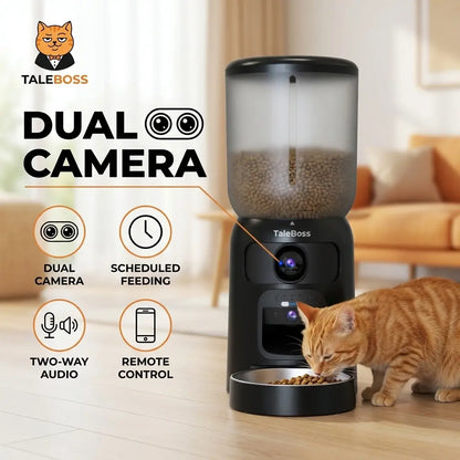 5L Wifi Automatic Cat Feeder with Dual Cameras, Timed Dry Food Dispenser,l & Stainless Steel Bowl