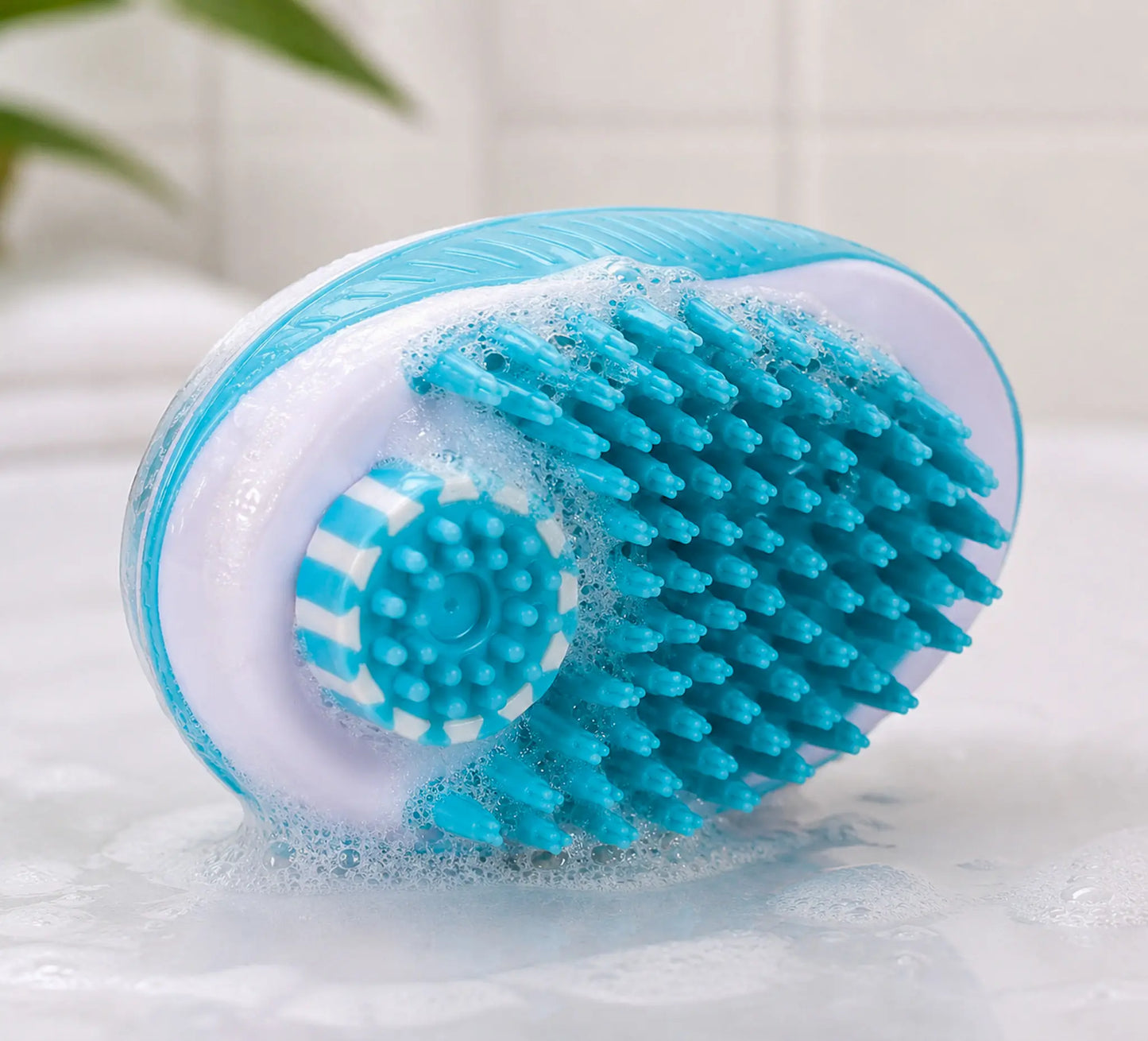 Dog Bath Brush with Shampoo Dispenser, 2-In-1 Grooming & Deshedding Tool for Dogs & Cats