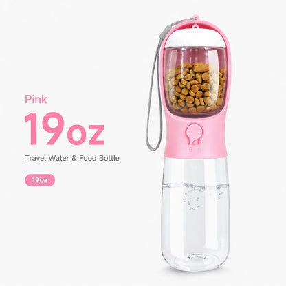GMOX Portable Dog Water Bottle - Leak Proof Dog Water Dispenser with Bowl & Food Container, Food Grade Plastic for Pet Puppy Outdoor Walking Hiking Travel Pink