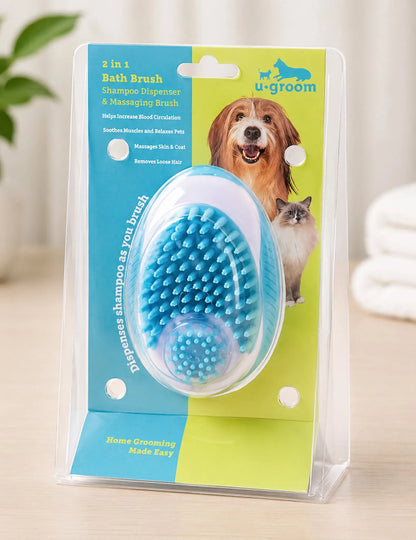 Dog Bath Brush with Shampoo Dispenser, 2-In-1 Grooming & Deshedding Tool for Dogs & Cats