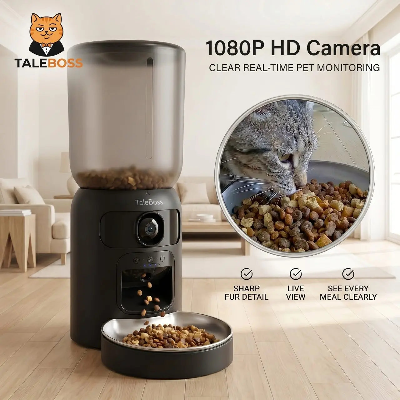 5L Wifi Automatic Cat Feeder with Dual Cameras, Timed Dry Food Dispenser,l & Stainless Steel Bowl