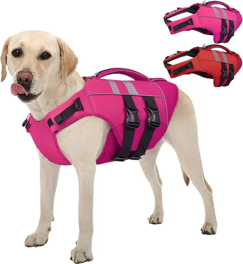 Kuoser Dog Life Jacket Large, High Flotation Puppy Safety Vest for Swimming Boating, Reflective Water Vest Pet Life Preserver with Rescue Handle