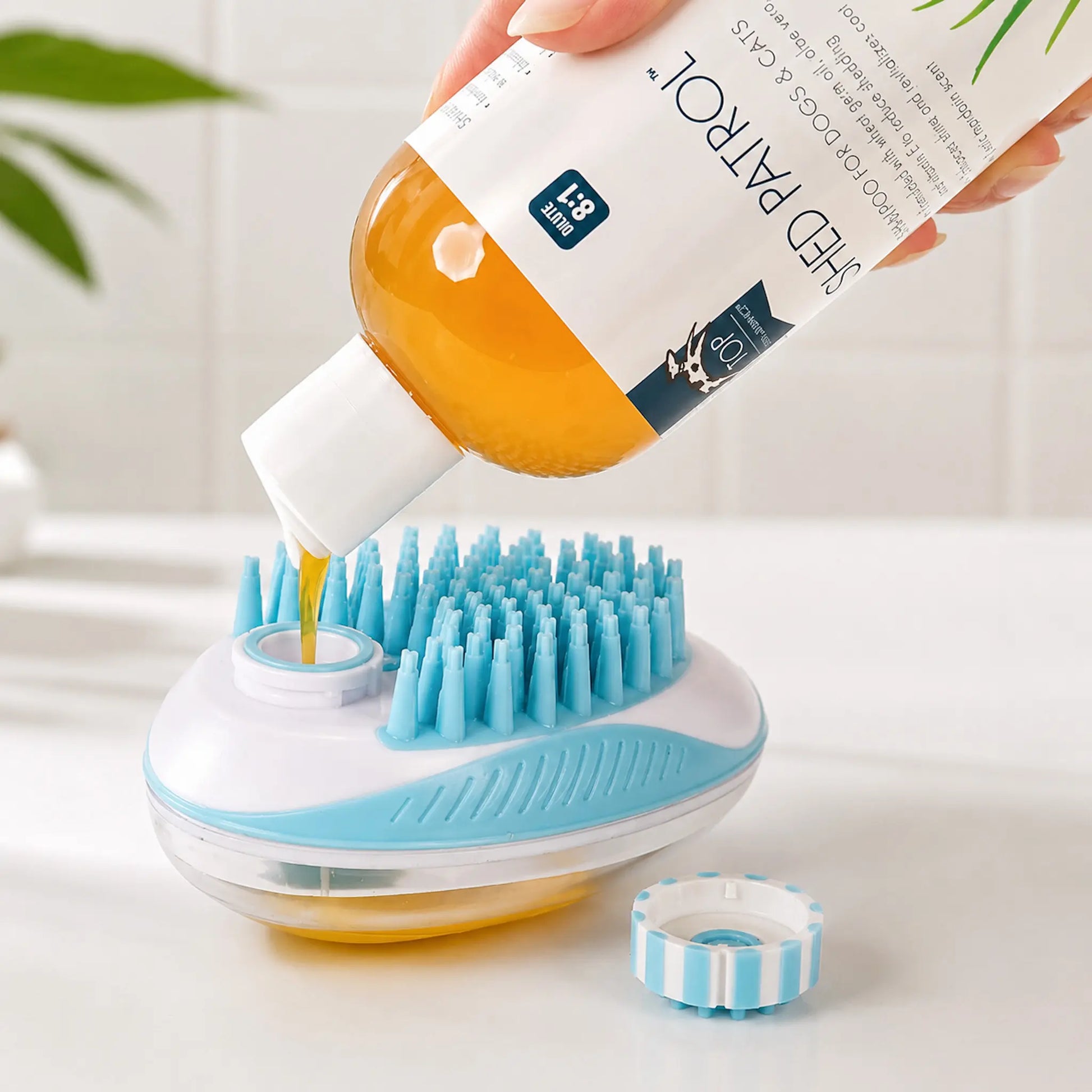 Dog Bath Brush with Shampoo Dispenser, 2-In-1 Grooming & Deshedding Tool for Dogs & Cats