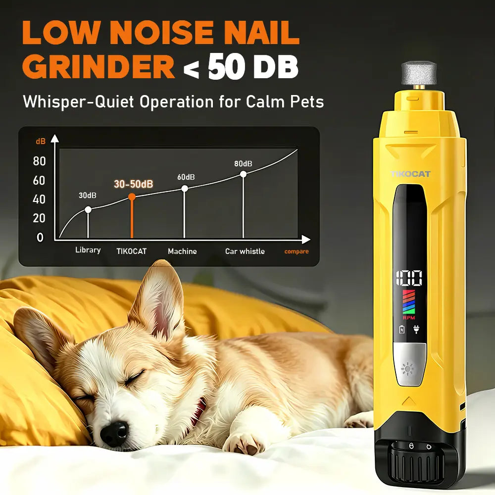 TIKOCAT Whisper Quiet Dog Nail Grinder Kit, 50% More Power 6-Speed with LED Display & 4 LED Lights, Three Grinding Bits, Stress-Free Painless Grooming for Dogs, Cats, Sensitive Pets & All Breeds White