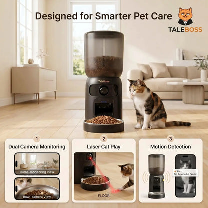 5L Wifi Automatic Cat Feeder with Dual Cameras, Timed Dry Food Dispenser,l & Stainless Steel Bowl
