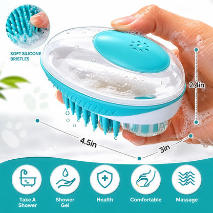 Dog Bath Brush with Shampoo Dispenser, 2-In-1 Grooming & Deshedding Tool for Dogs & Cats