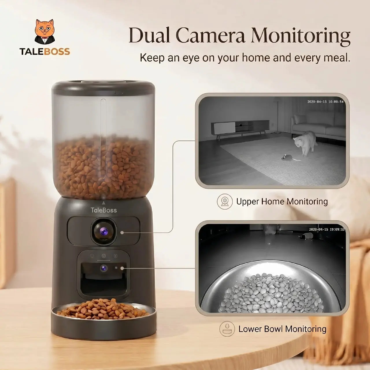 5L Wifi Automatic Cat Feeder with Dual Cameras, Timed Dry Food Dispenser,l & Stainless Steel Bowl