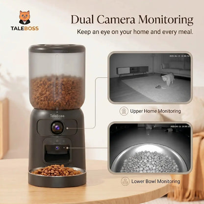 5L Wifi Automatic Cat Feeder with Dual Cameras, Timed Dry Food Dispenser,l & Stainless Steel Bowl
