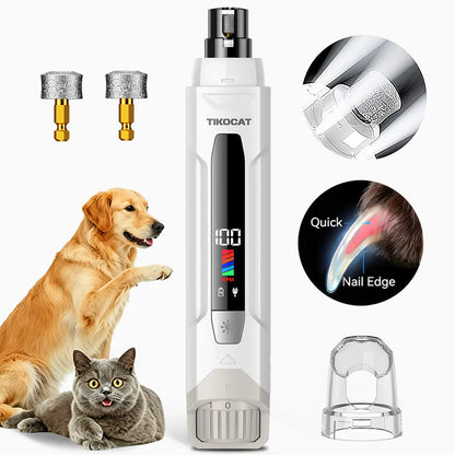 TIKOCAT Whisper Quiet Dog Nail Grinder Kit, 50% More Power 6-Speed with LED Display & 4 LED Lights, Three Grinding Bits, Stress-Free Painless Grooming for Dogs, Cats, Sensitive Pets & All Breeds White