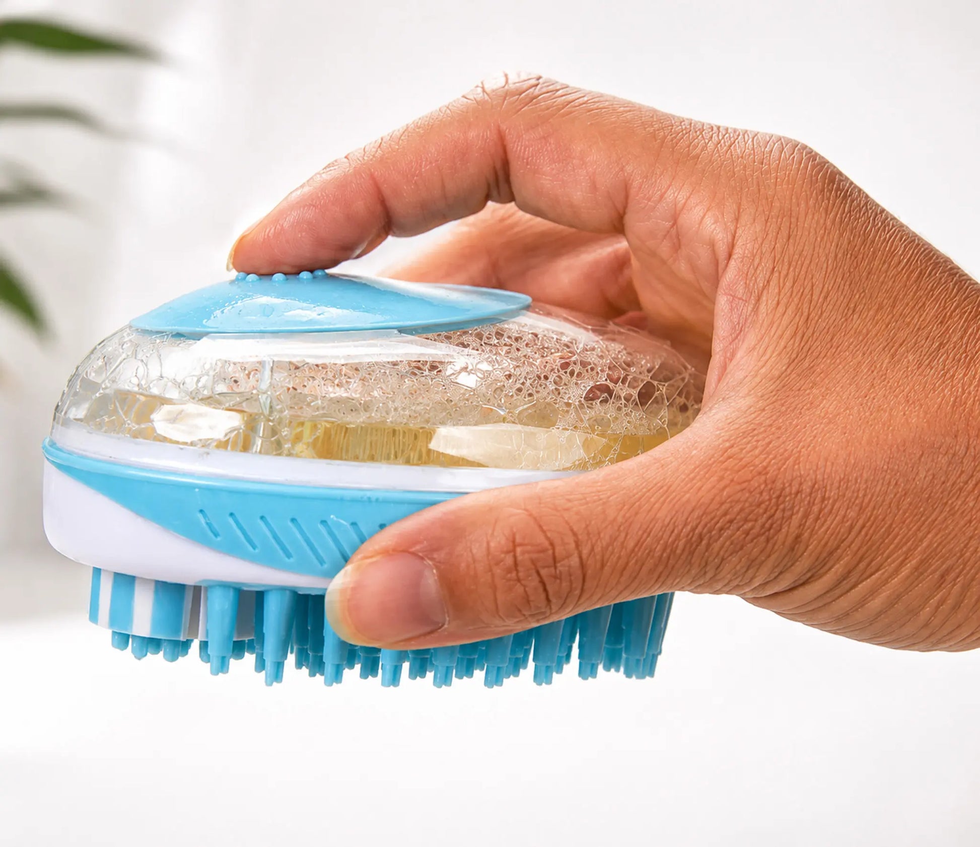 Dog Bath Brush with Shampoo Dispenser, 2-In-1 Grooming & Deshedding Tool for Dogs & Cats