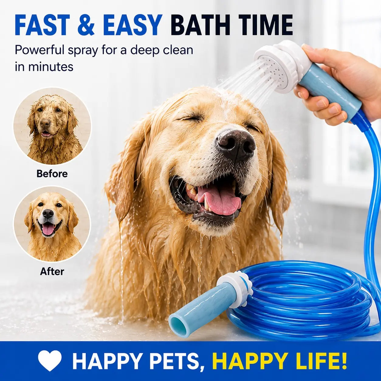 Pet Bath Tub Faucet Sprayer, 5 Ft Ultra-Flex Dog Shower Hose Adapter.